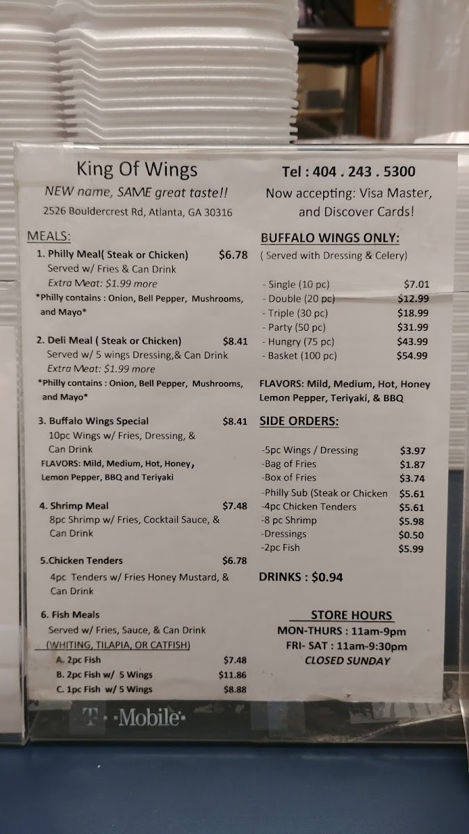 King of Wings menu board