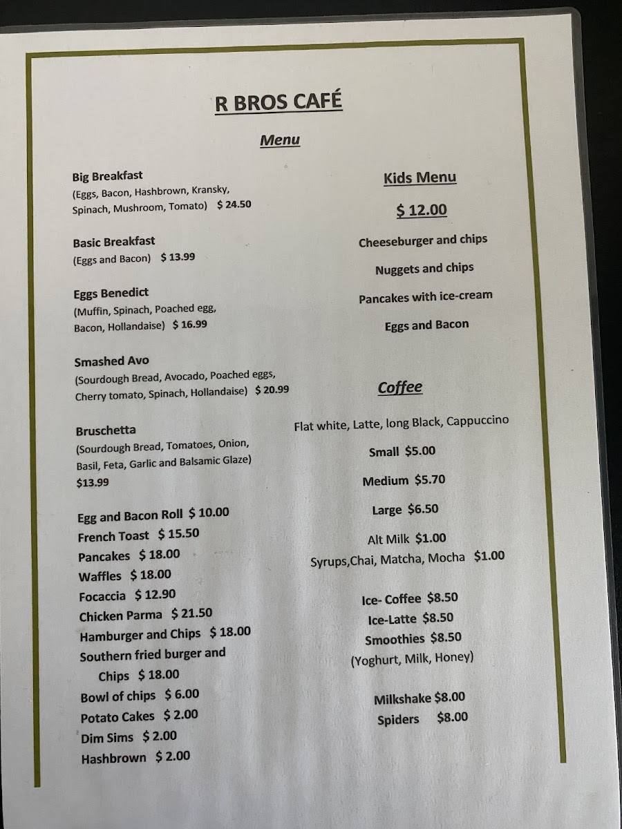 R Bros Cafe menu board