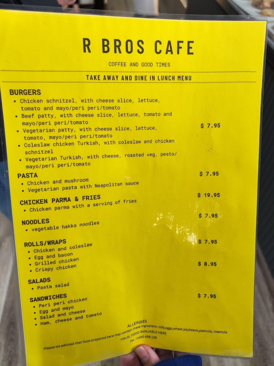 R Bros Cafe menu board