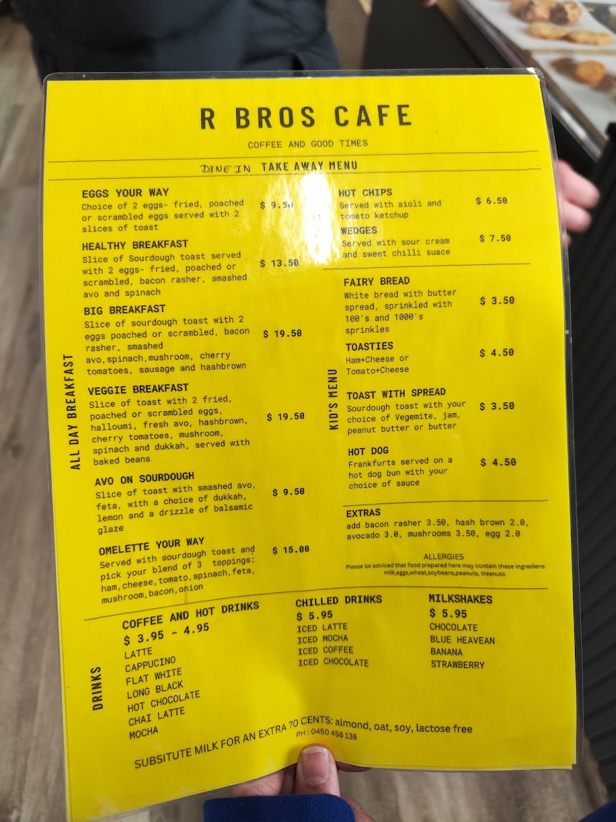 R Bros Cafe menu board