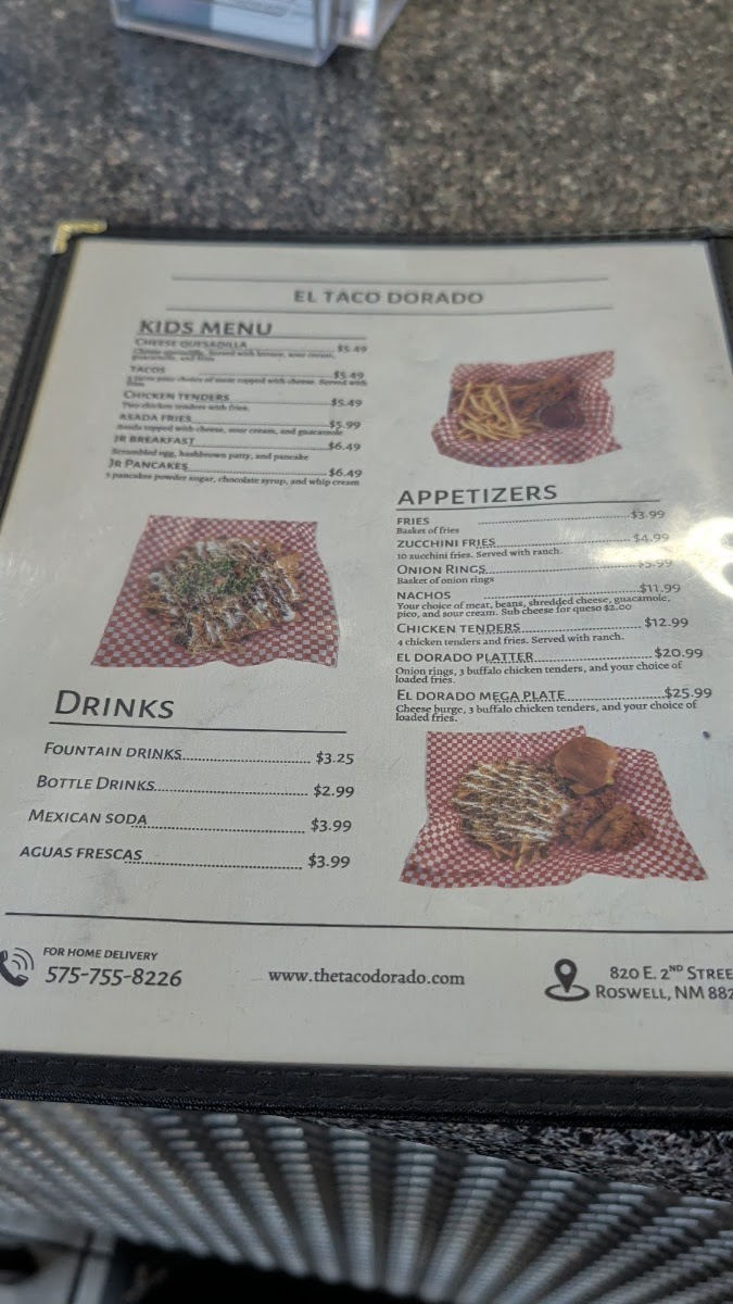 El Taco Dorado menu board
