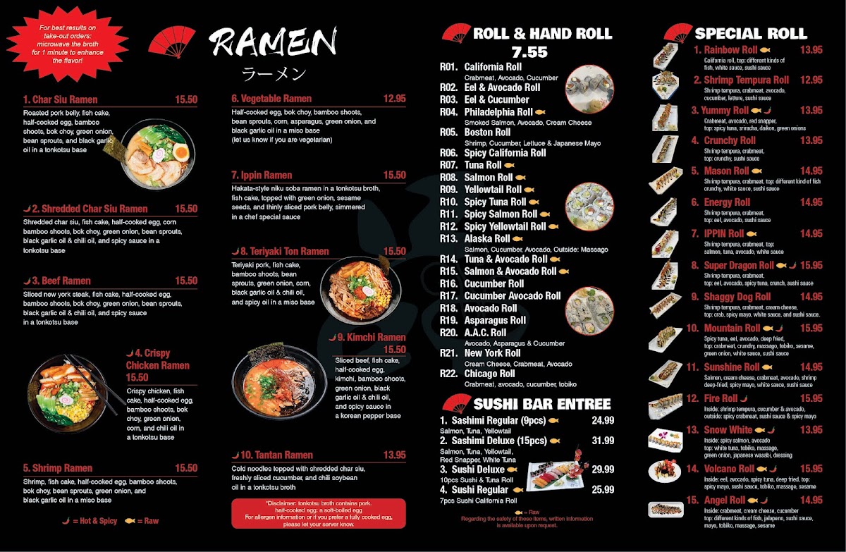 Ippin Ramen & Sushi & Izakaya menu board