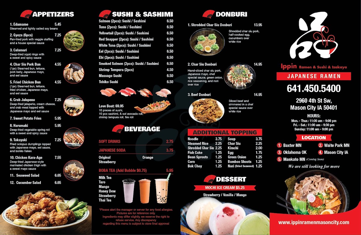 Ippin Ramen & Sushi & Izakaya menu board