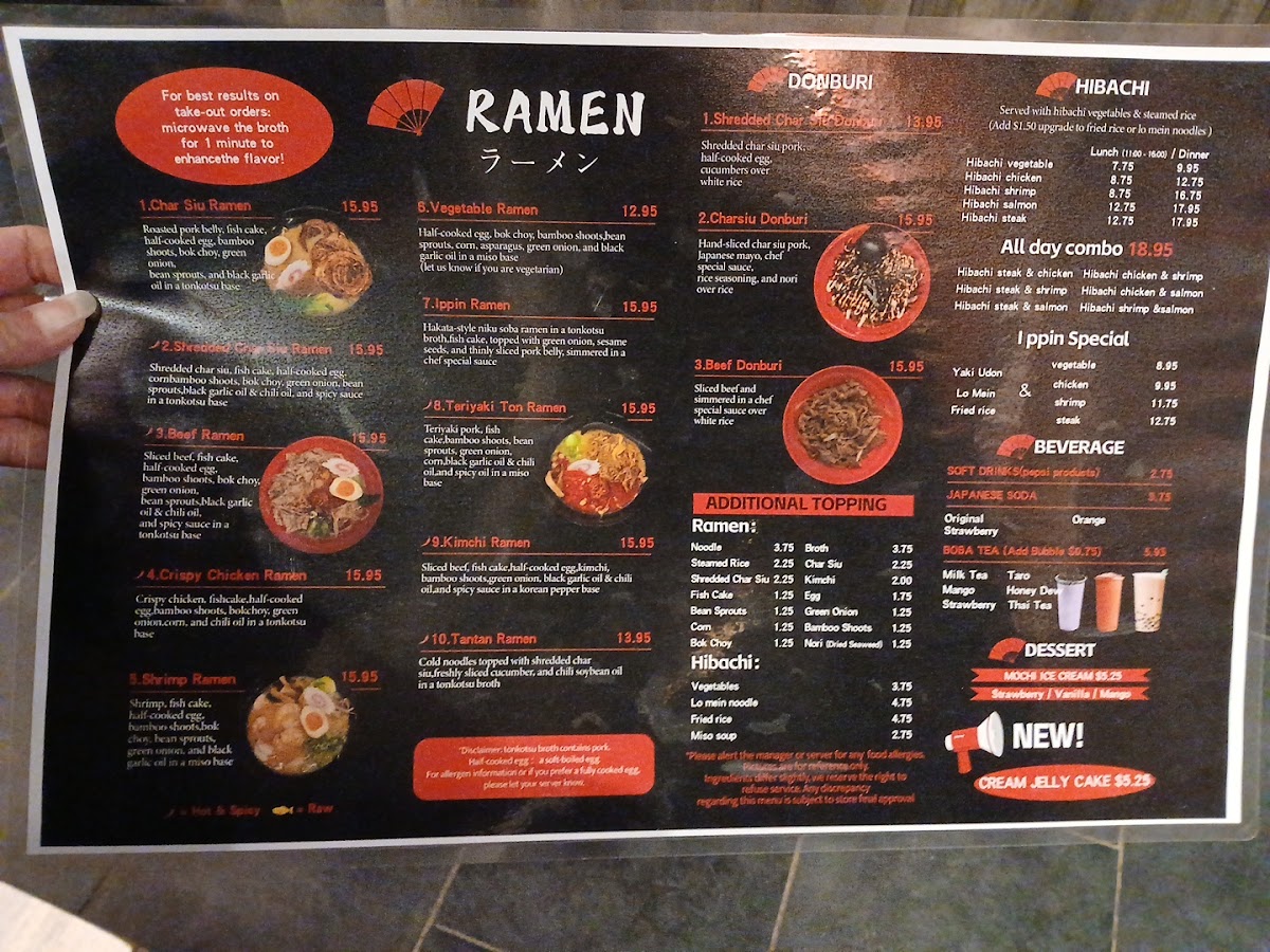 Ippin Ramen & Sushi & Izakaya menu board