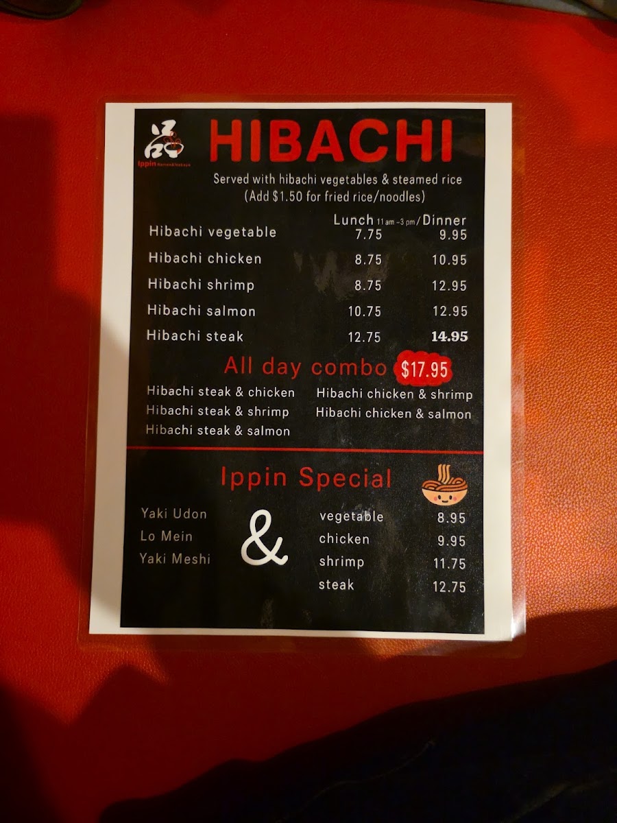 Ippin Ramen & Sushi & Izakaya menu board