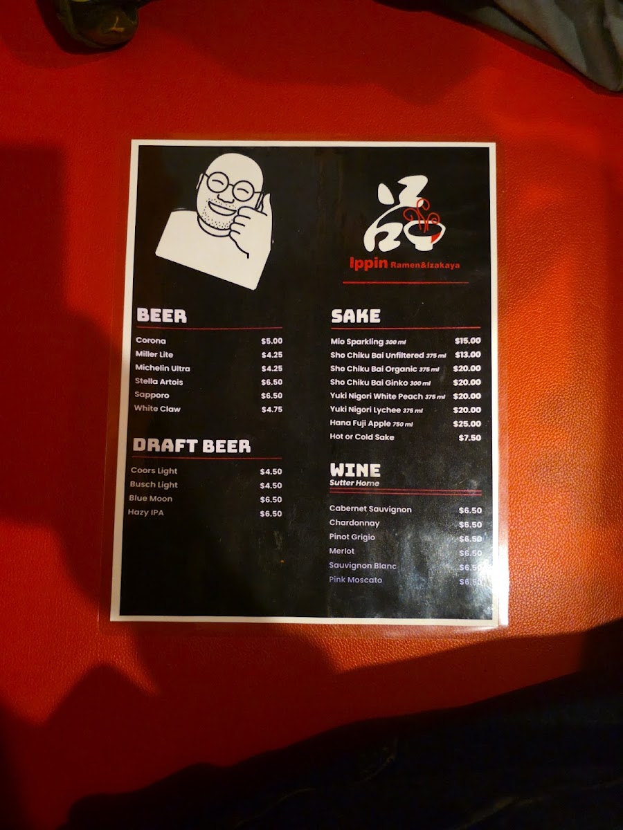Ippin Ramen & Sushi & Izakaya menu board