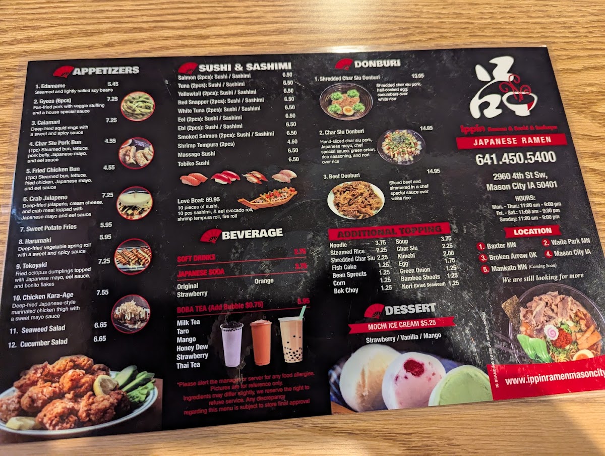 Ippin Ramen & Sushi & Izakaya menu board