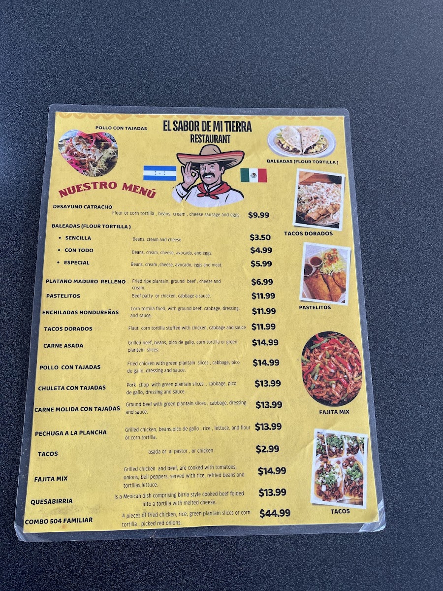 El Sabor De Mi Tierra Restaurant menu board