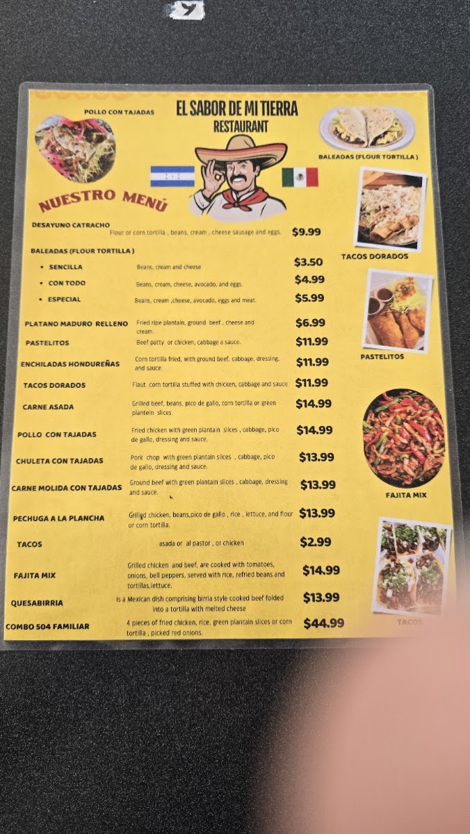 El Sabor De Mi Tierra Restaurant menu board