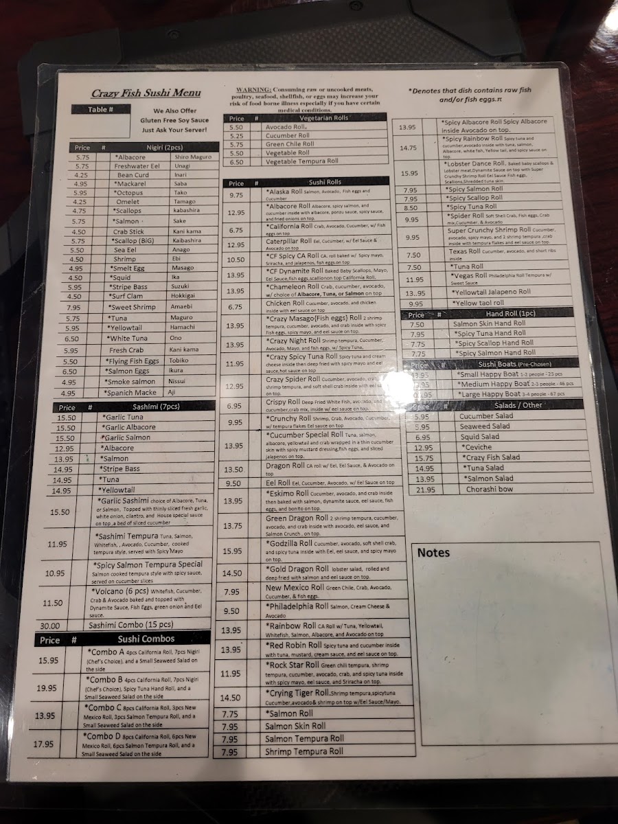 Crazy Fish menu board