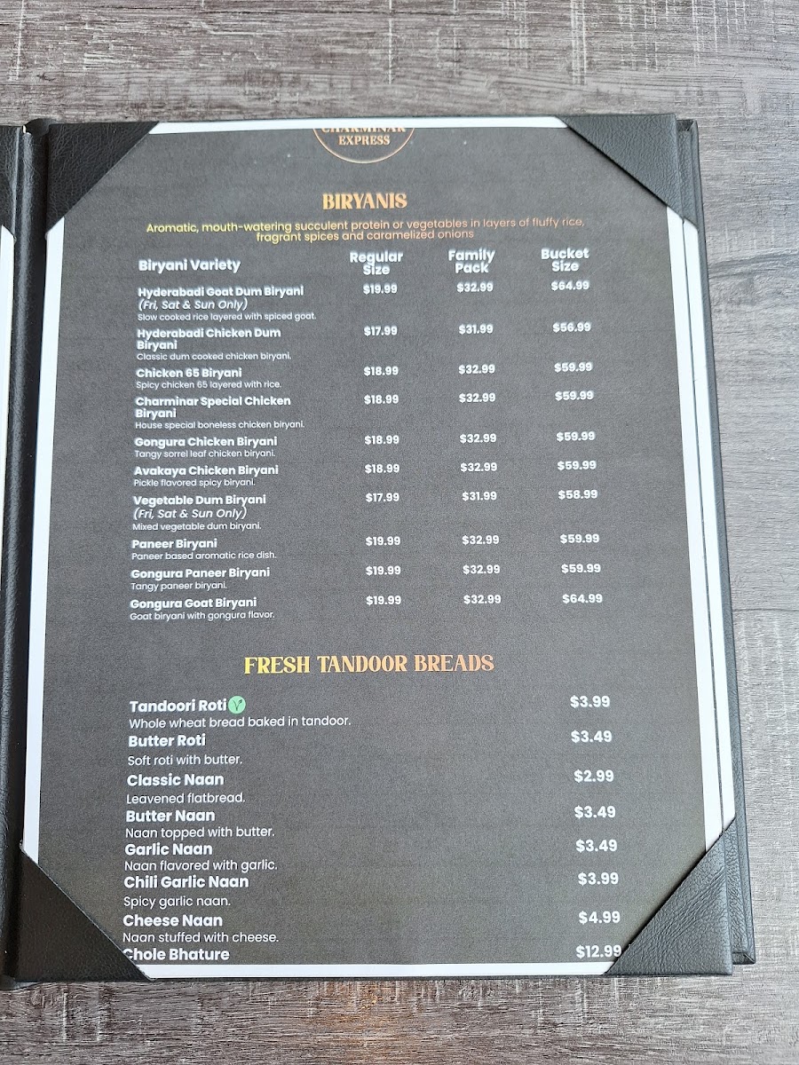 Charminar Express menu board