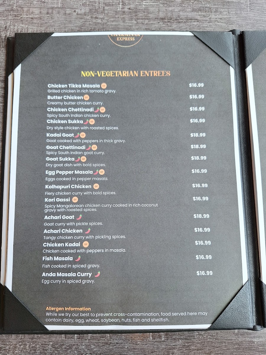Charminar Express menu board