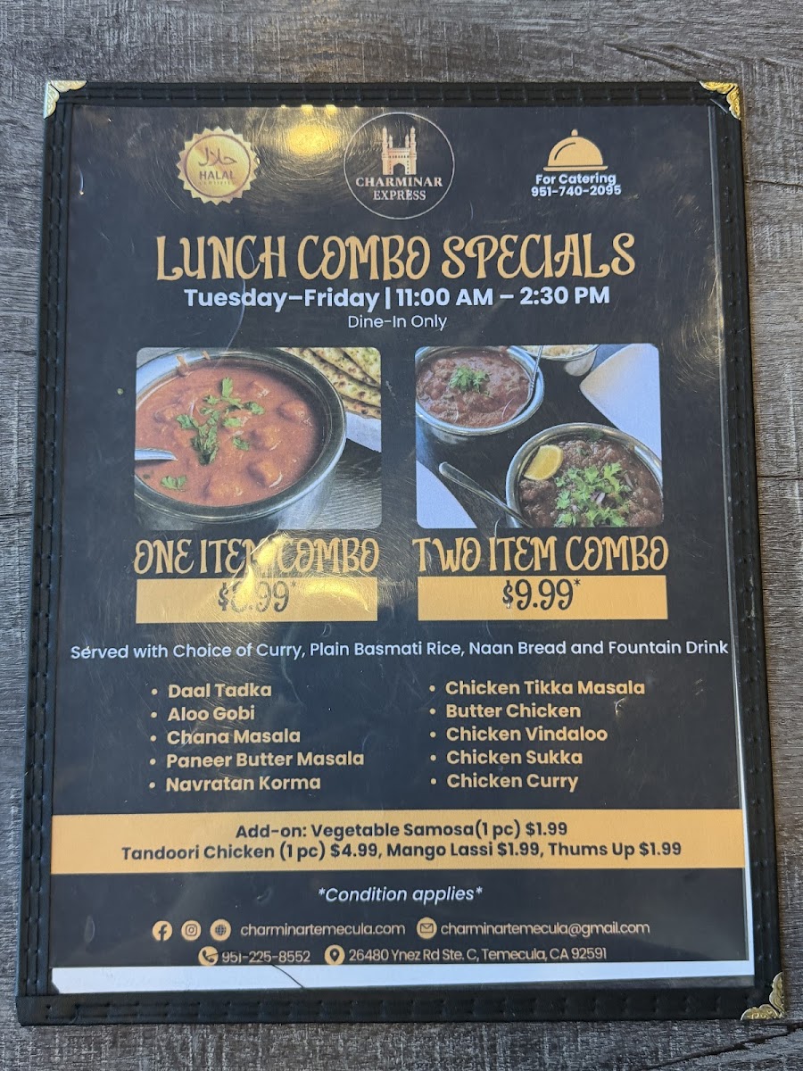 Charminar Express menu board