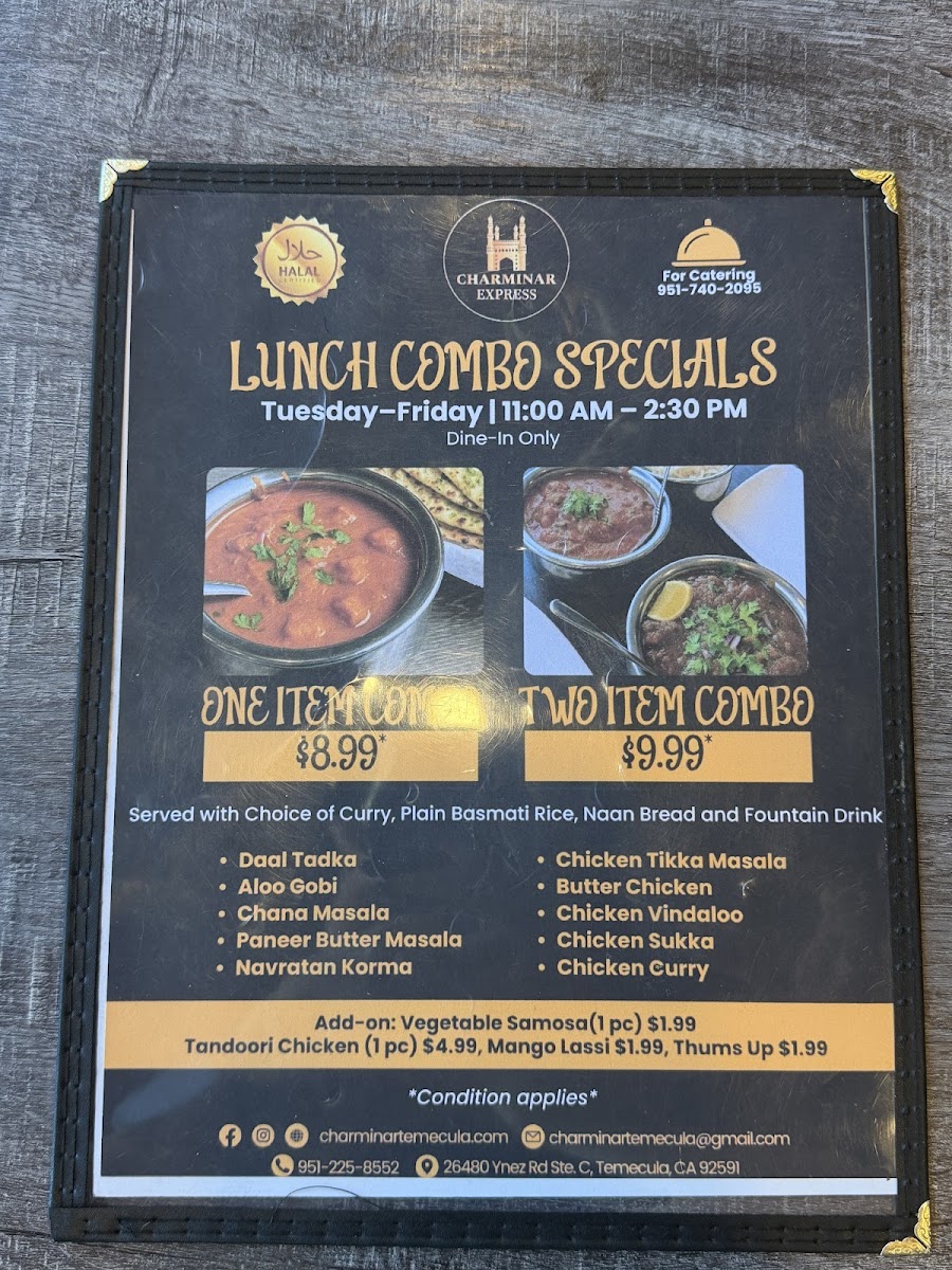 Charminar Express menu board