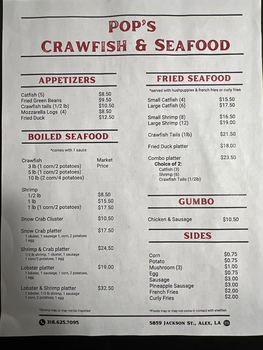 Pop's Crawfish & Seafood menu board
