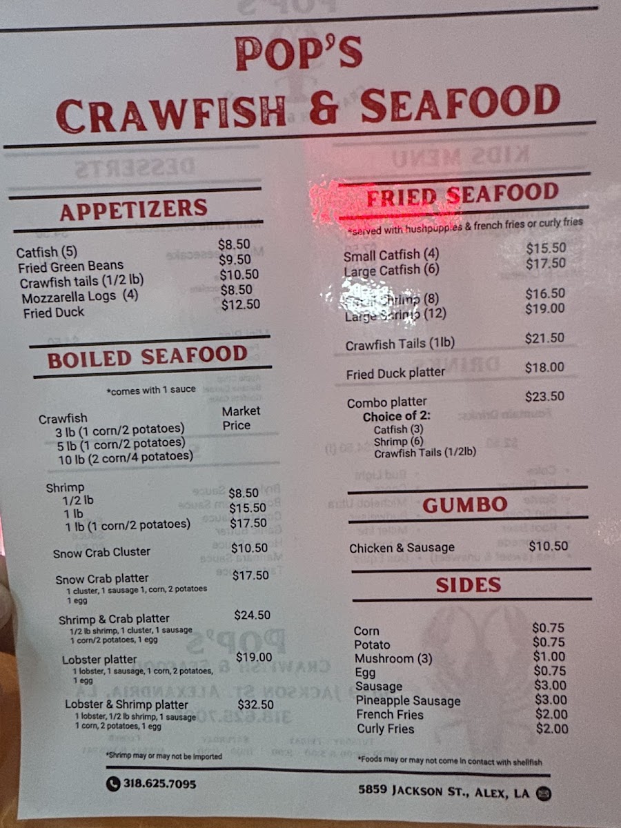 Pop's Crawfish & Seafood menu board
