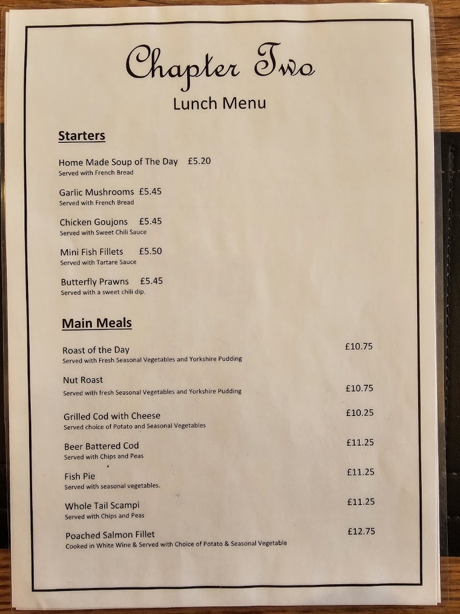 Chapter Two menu board