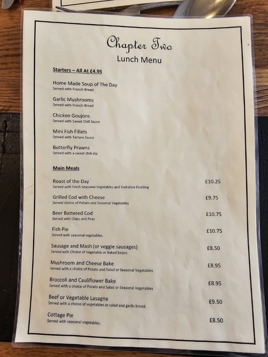 Chapter Two menu board