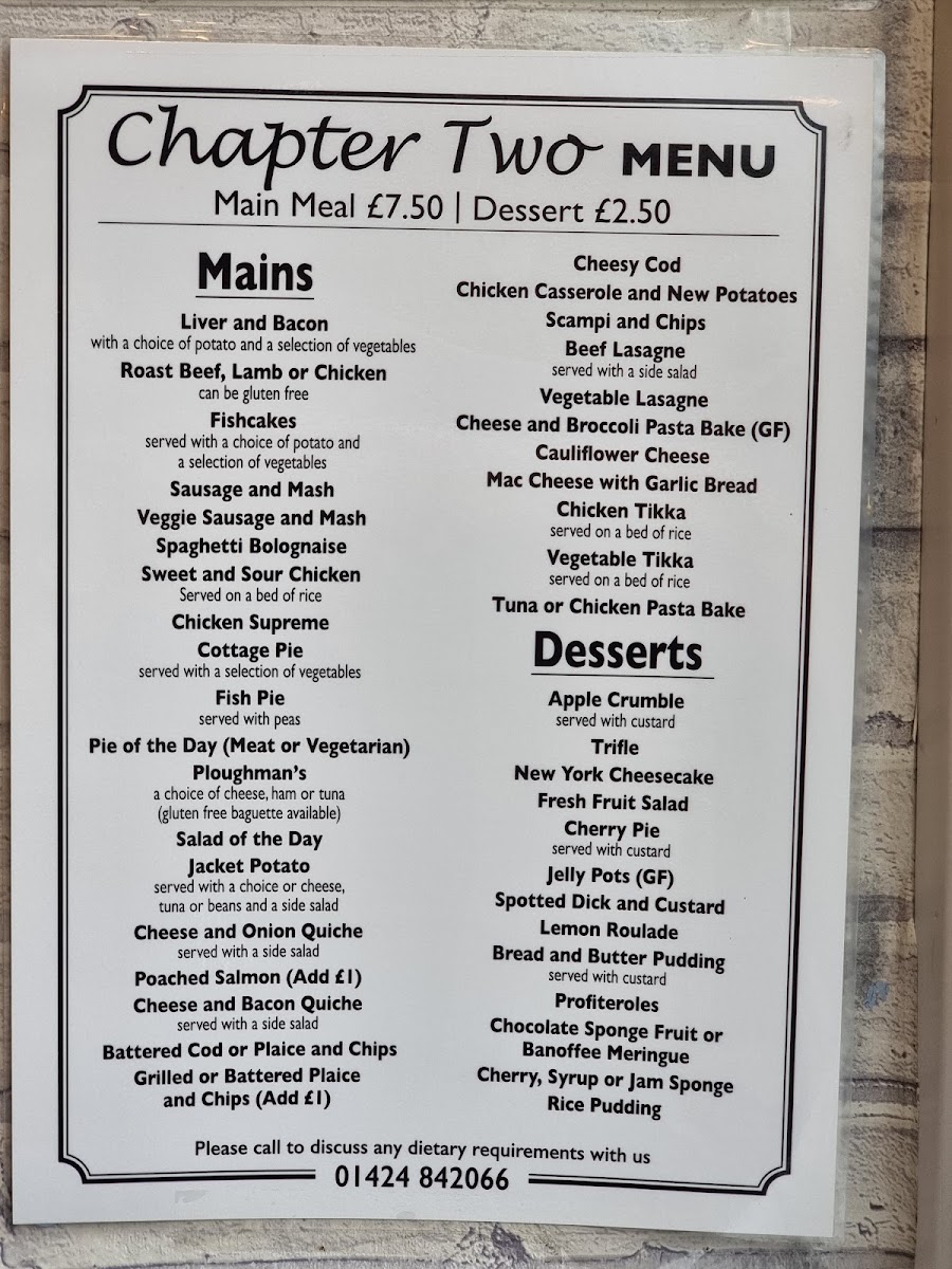 Chapter Two menu board
