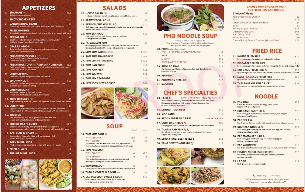 Lao Thai Kitchen menu board