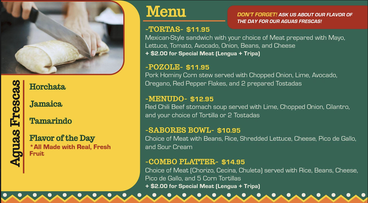 Sabores De Mexico menu board