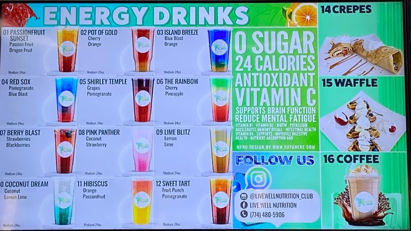 Live Well Nutrition LLC menu board