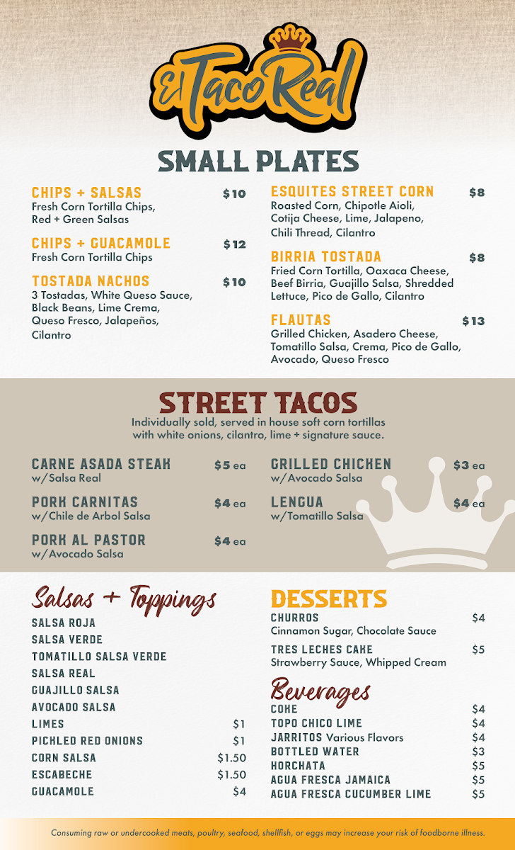 El Taco Real menu board
