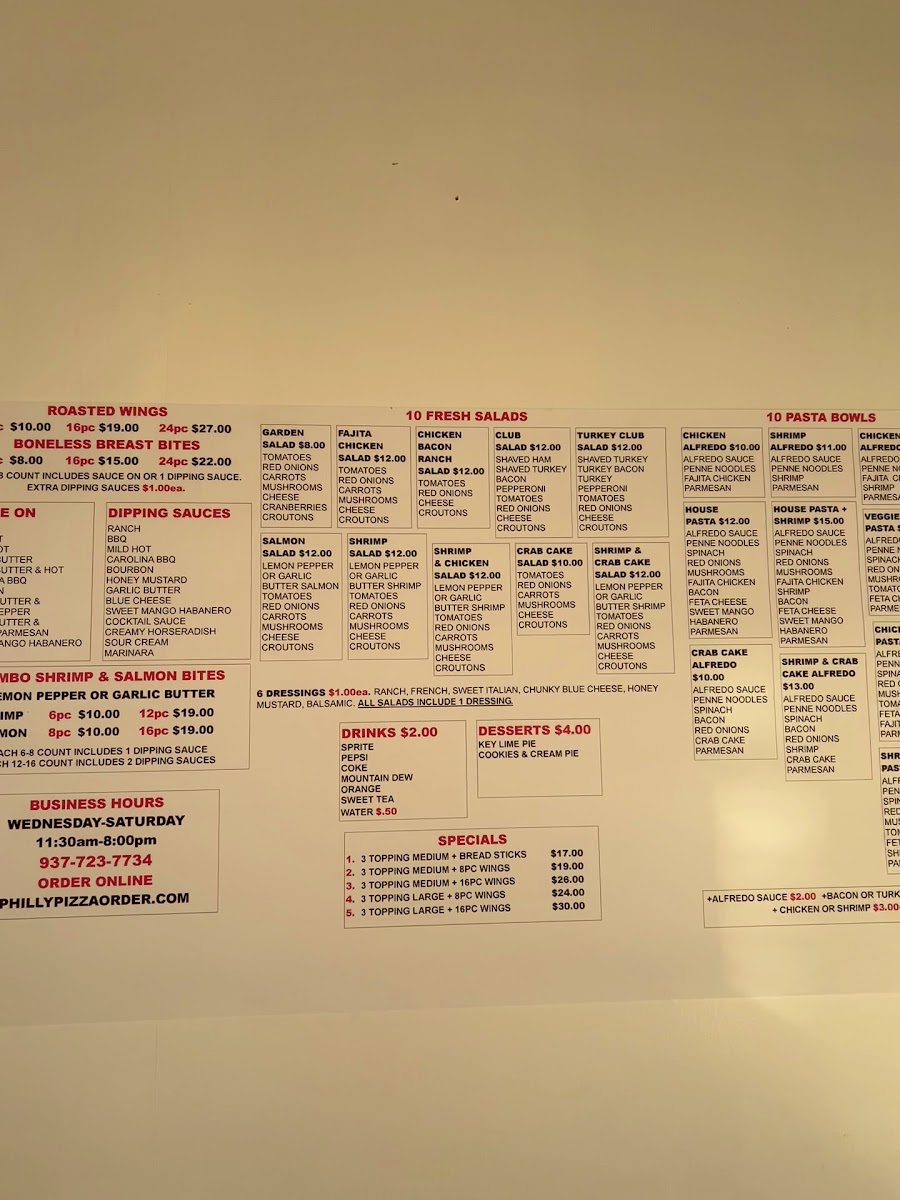 Philly Pizza menu board
