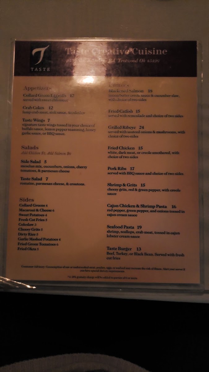 Taste menu board