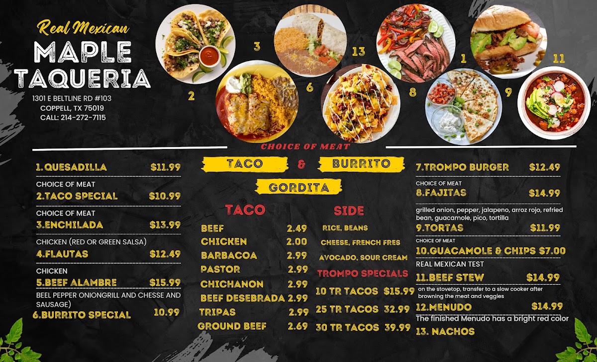 MAPLE TAQUERIA menu board