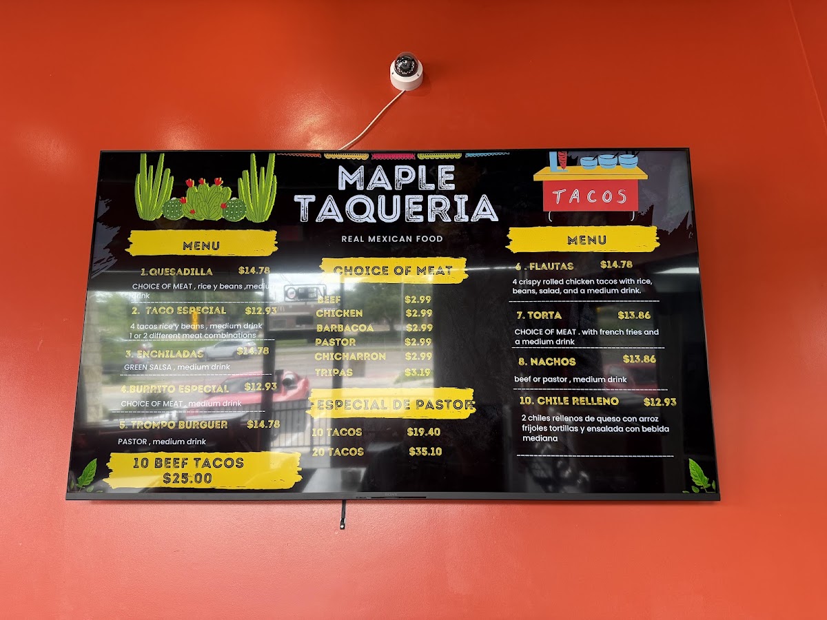 MAPLE TAQUERIA menu board