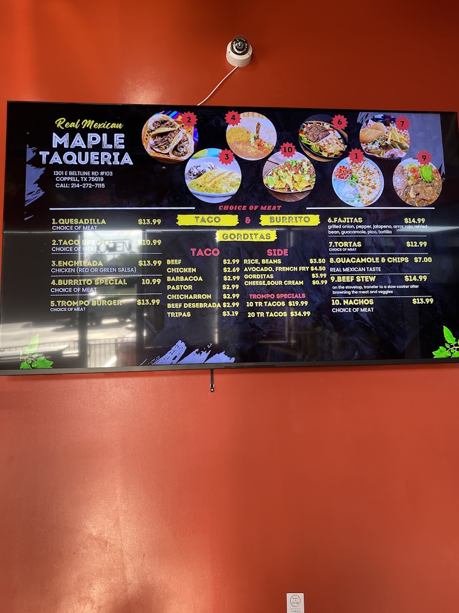 MAPLE TAQUERIA menu board
