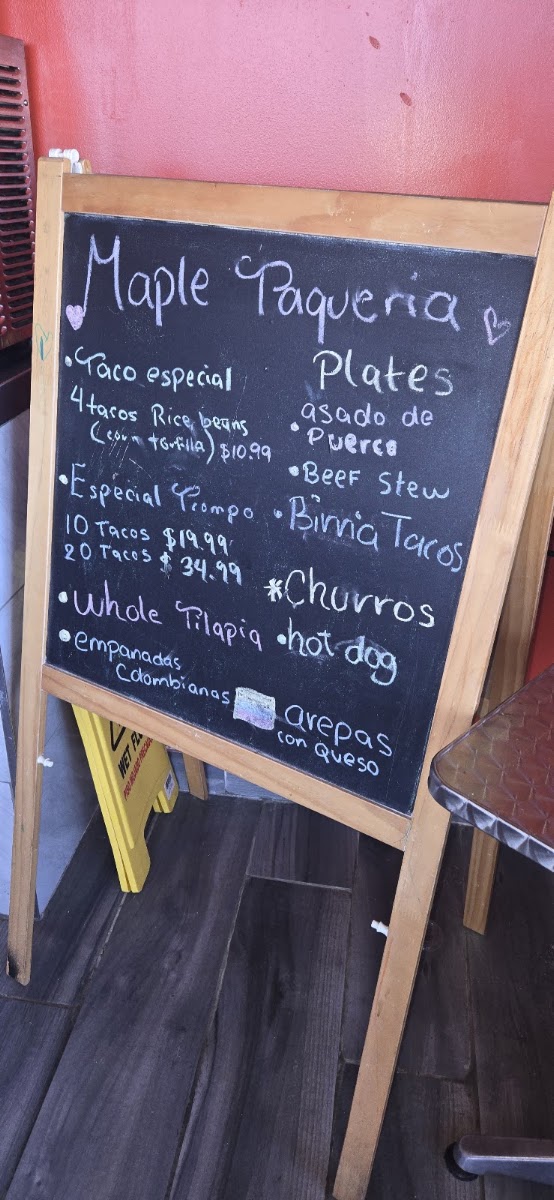 MAPLE TAQUERIA menu board