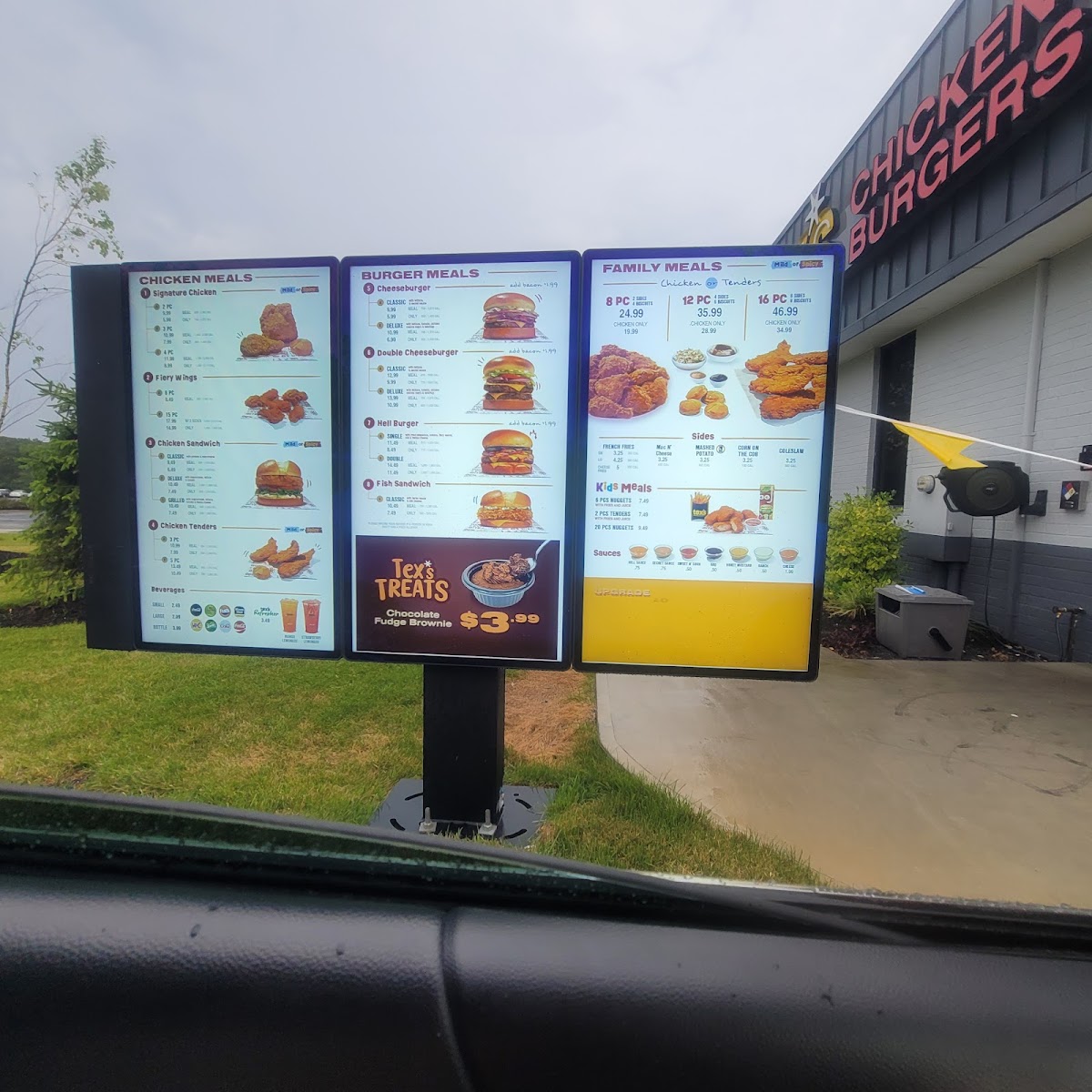 Tex's Chicken & Burgers menu board