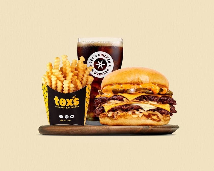 Tex's Chicken & Burgers menu board