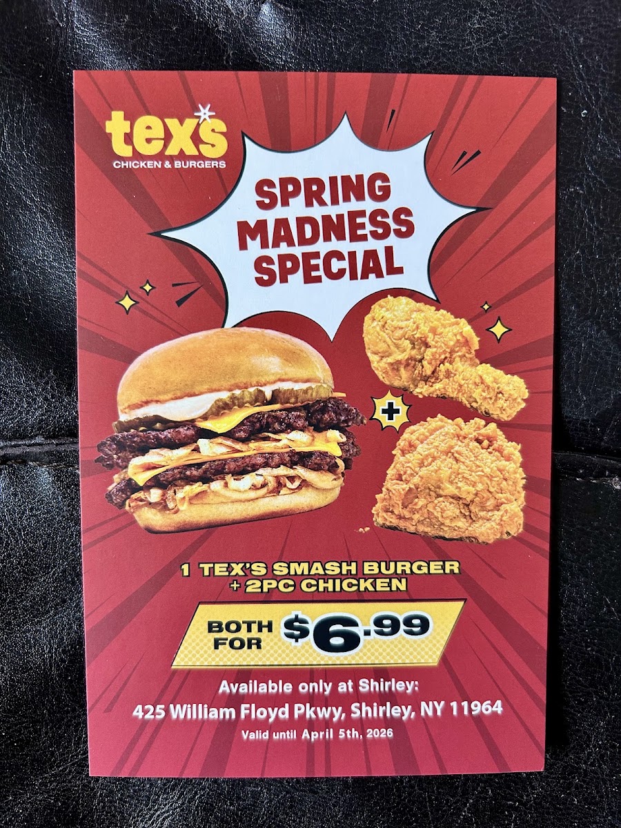 Tex's Chicken & Burgers menu board
