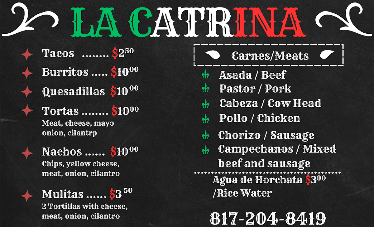 La Catrina Food Truck menu board