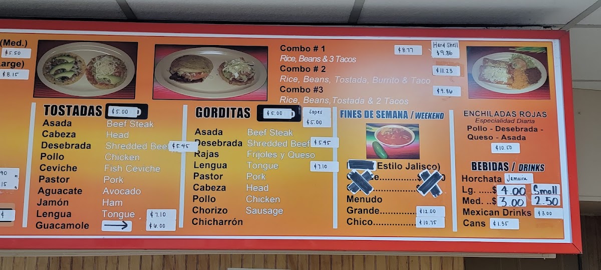 Tacos y Burritos Jalisco menu board