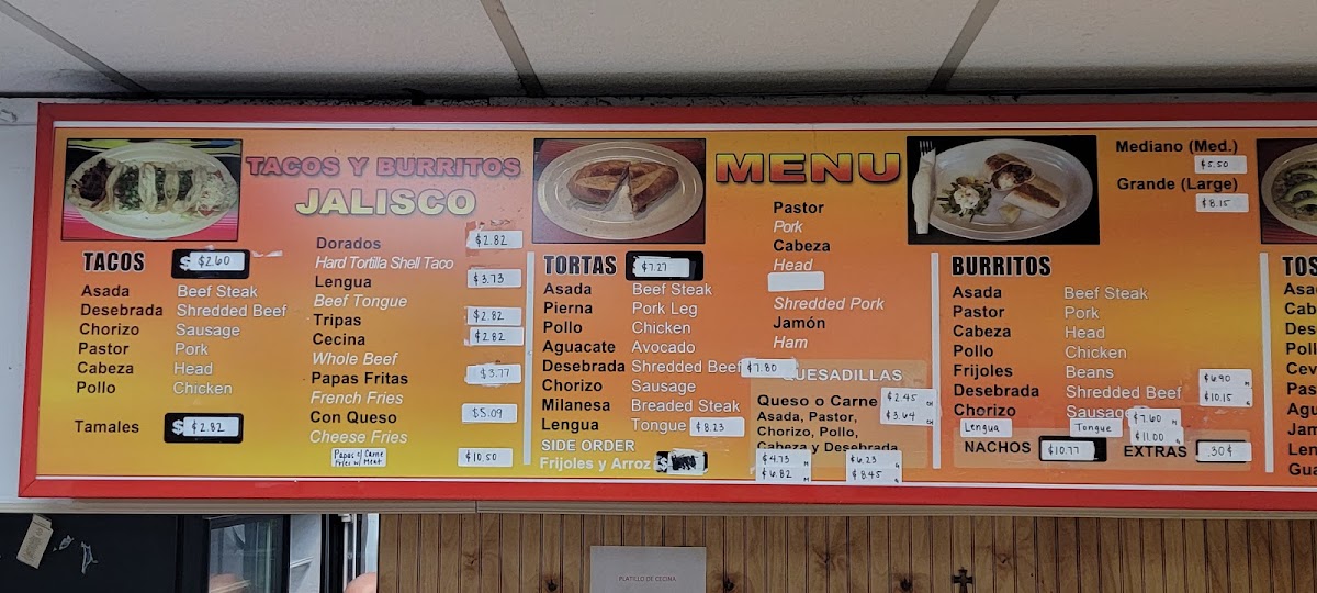 Tacos y Burritos Jalisco menu board