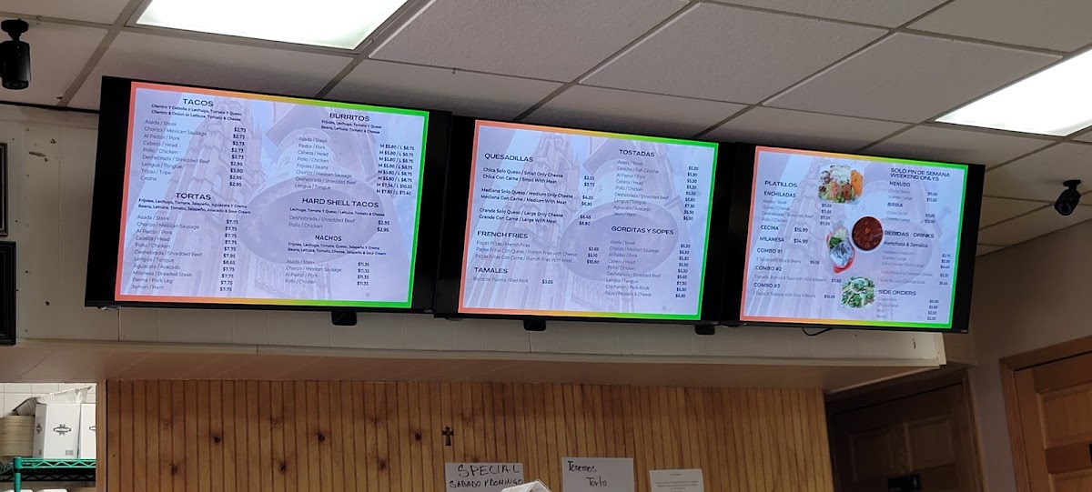 Tacos y Burritos Jalisco menu board