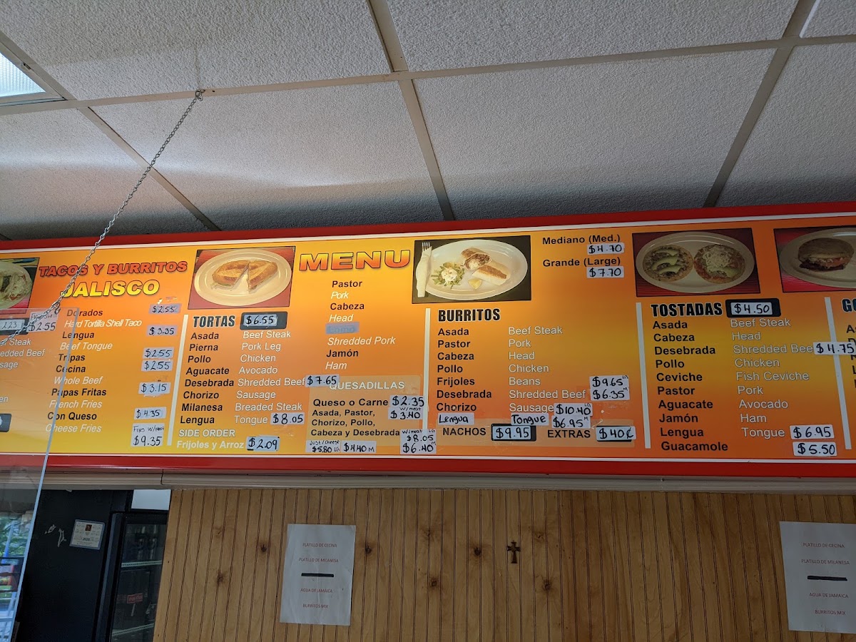 Tacos y Burritos Jalisco menu board