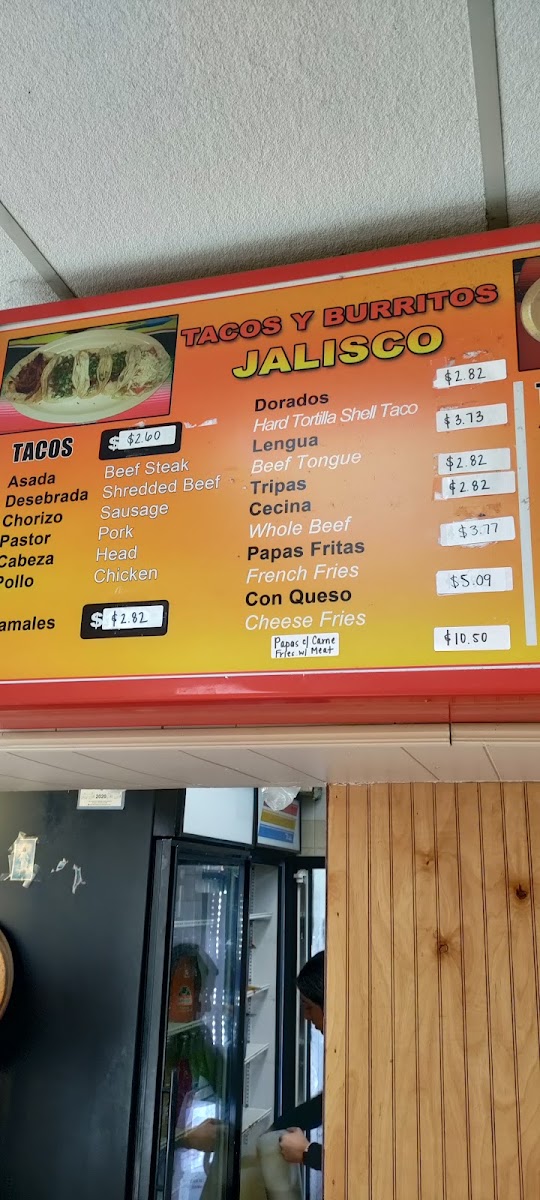 Tacos y Burritos Jalisco menu board