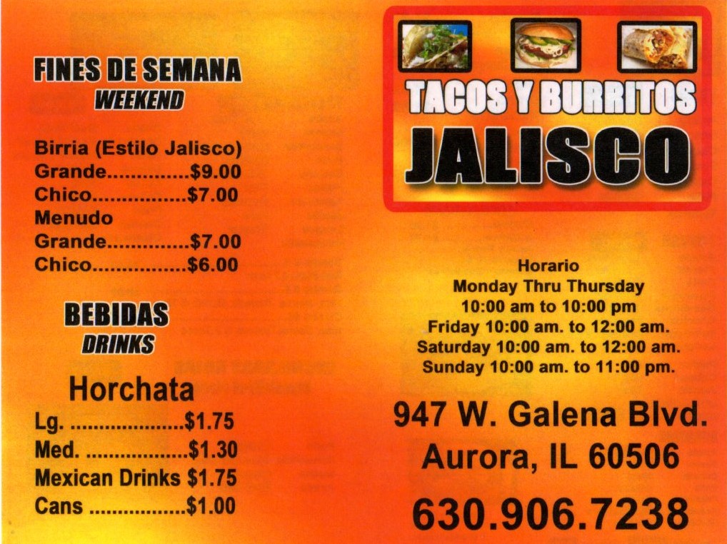 Tacos y Burritos Jalisco menu board