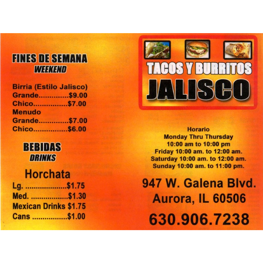 Tacos y Burritos Jalisco menu board