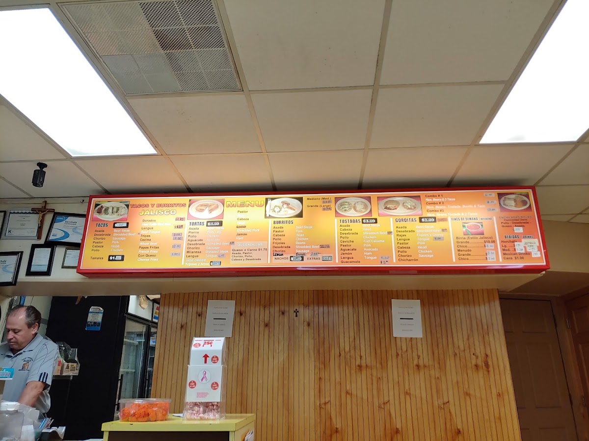 Tacos y Burritos Jalisco menu board