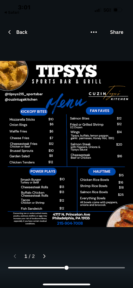 Tipsy’s Sports Bar & Grill menu board