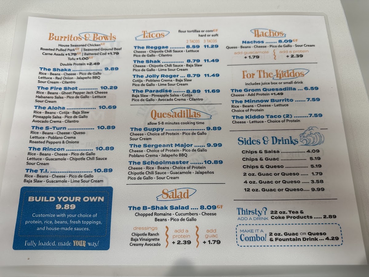 Burrito Shak menu board