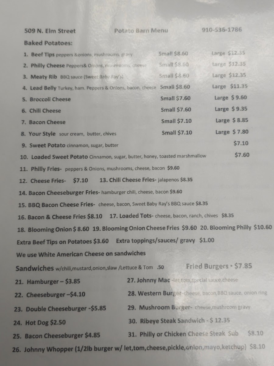 The Potato Barn menu board