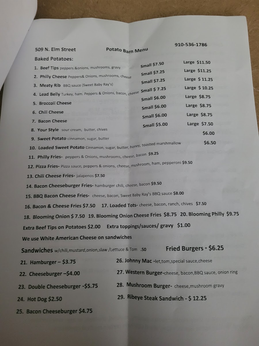 The Potato Barn menu board
