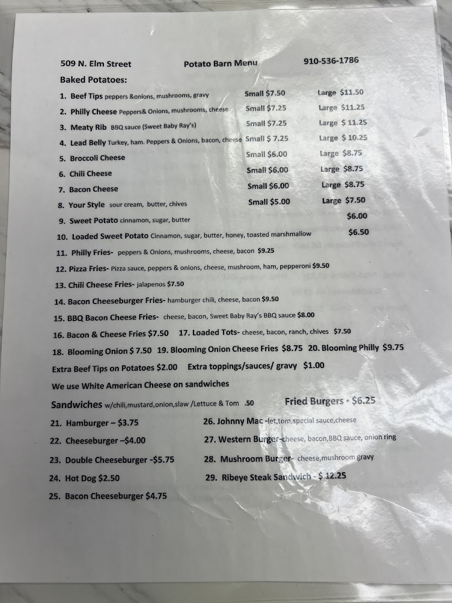 The Potato Barn menu board
